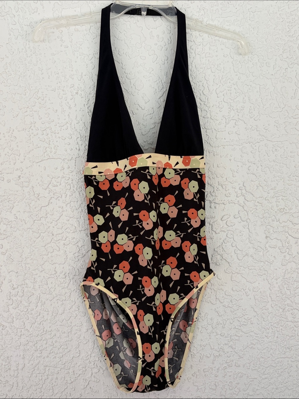 Calvin Klein Black Swimsuit with Coral and Pale Green Floral Print size 10